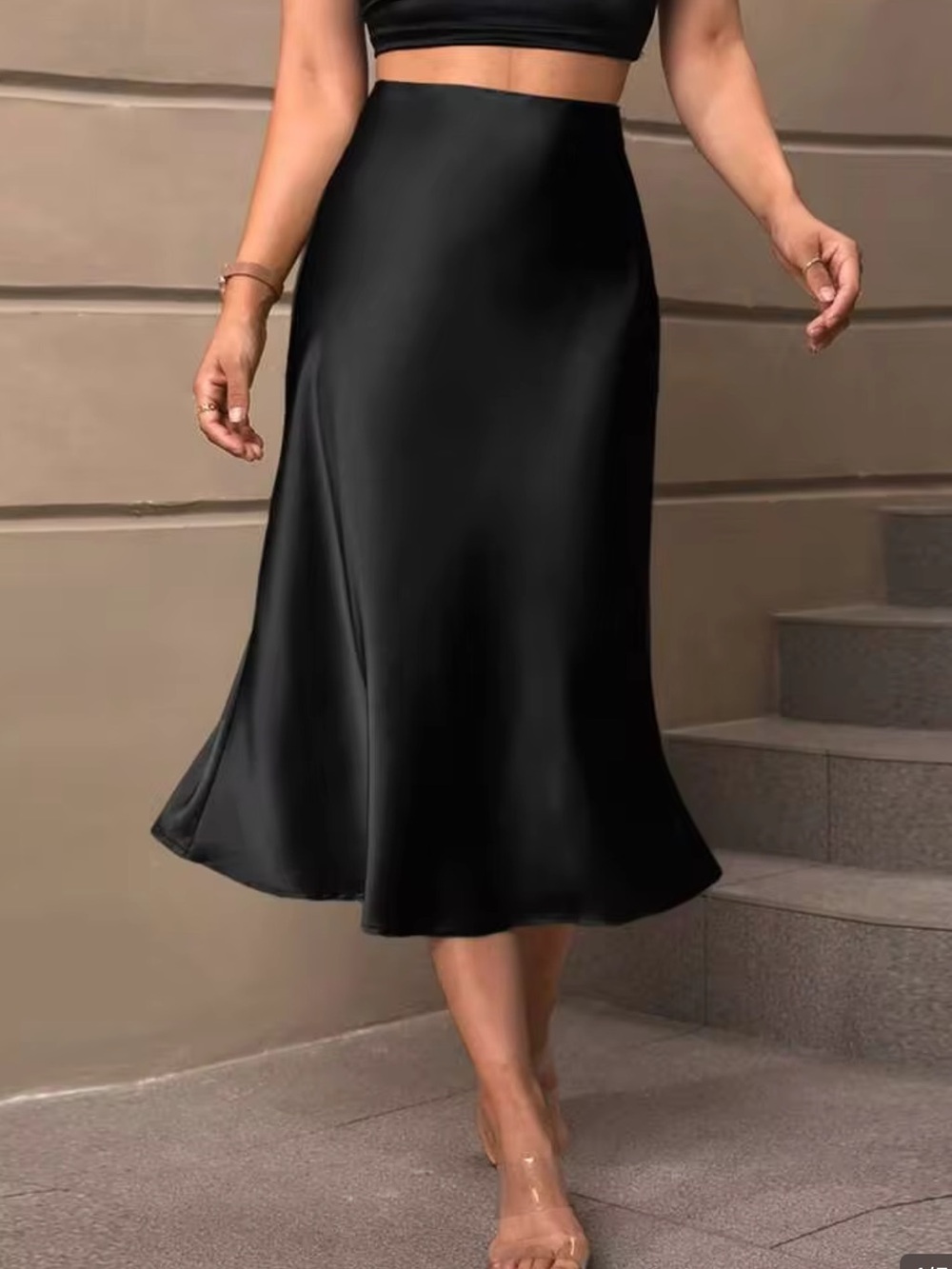 J. Crew Black Satin Bias-Cut Midi Skirt